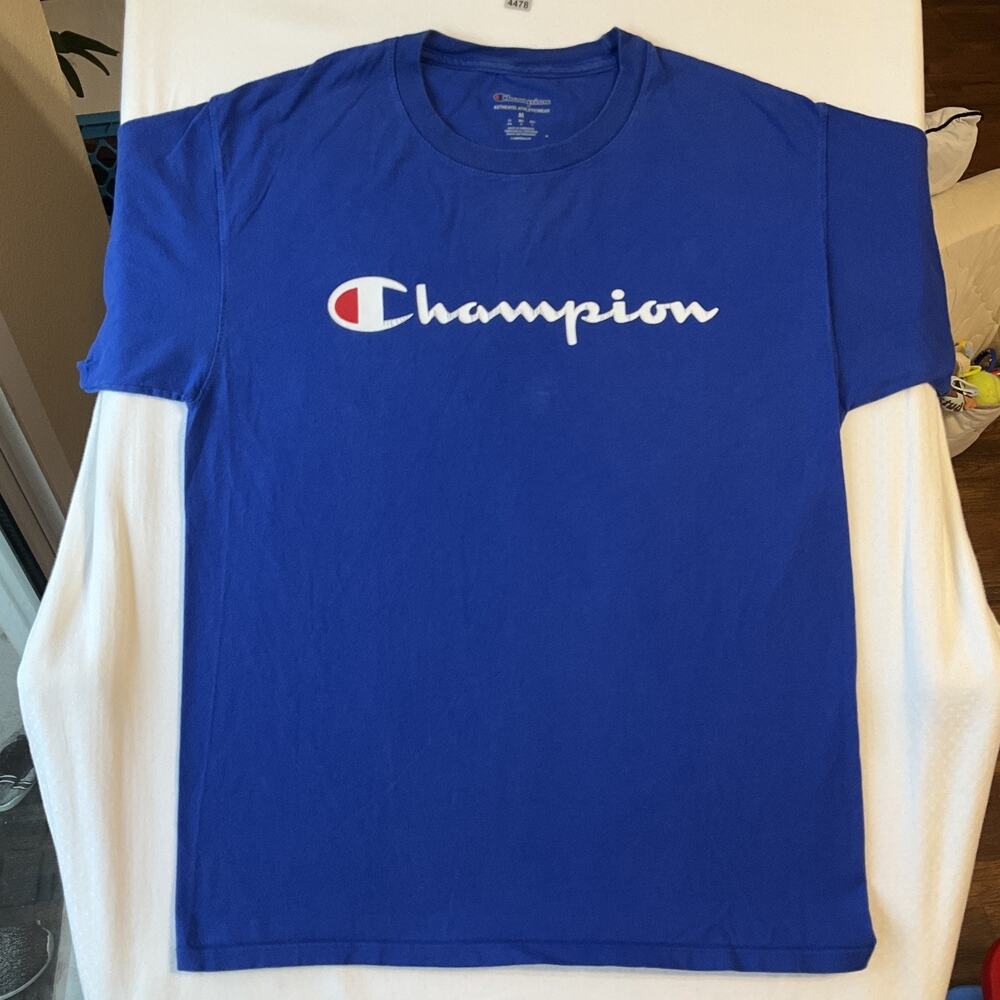 Champion Men Shirt Size M Blue Activewear Logo Short Sleeve Crew Neck Stretch